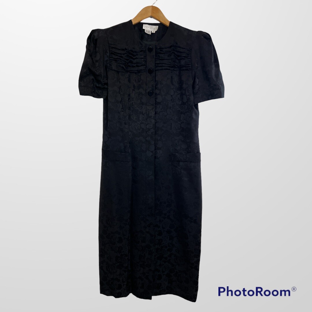 VTG Silk Studio 100% Silk Black Midi Dress with Floral design Size 6 80’s era
