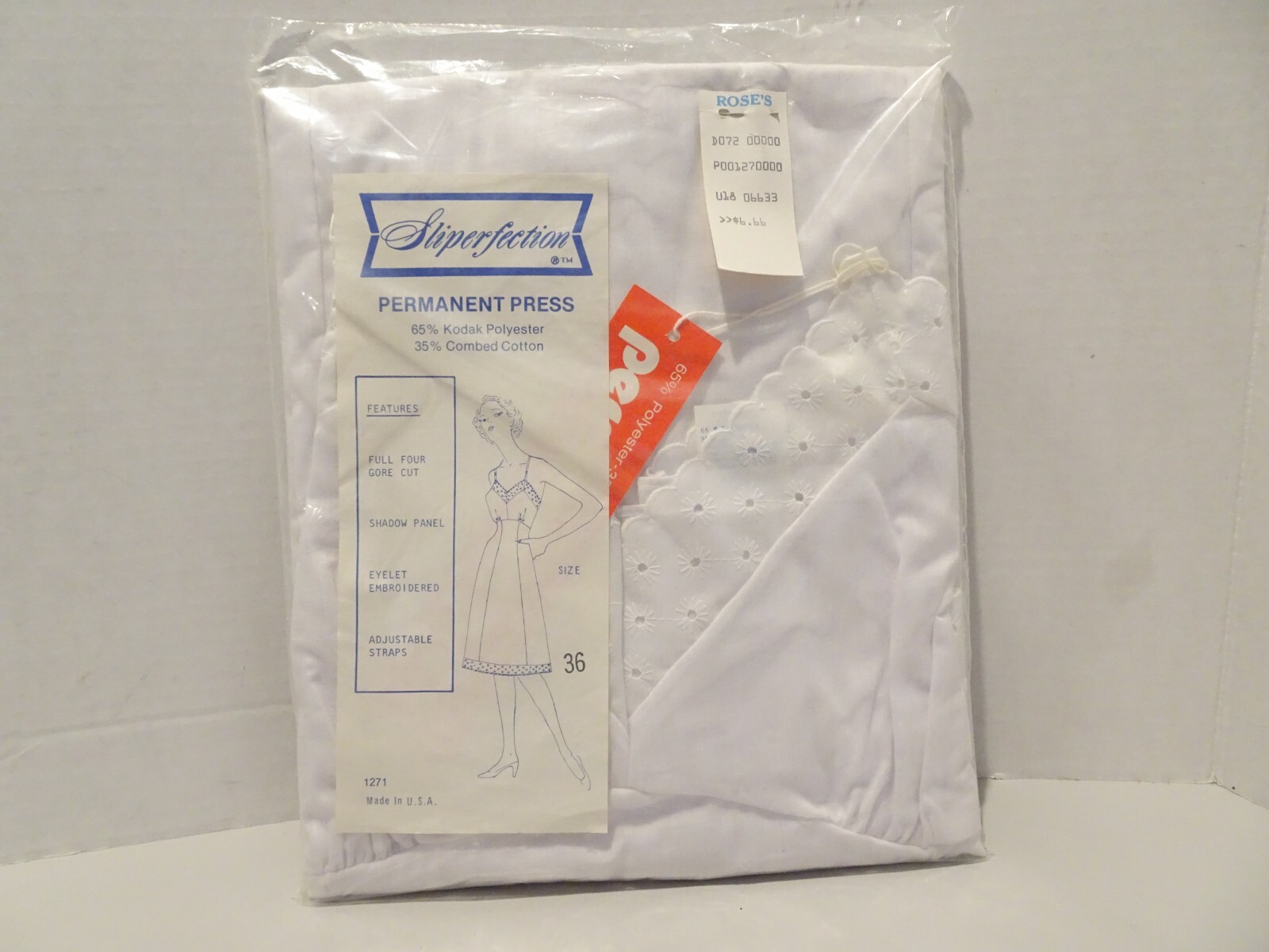 Sliperfection Poly Cotton Blend Slip Dress Size 36 Eyelet Trim White NOS
