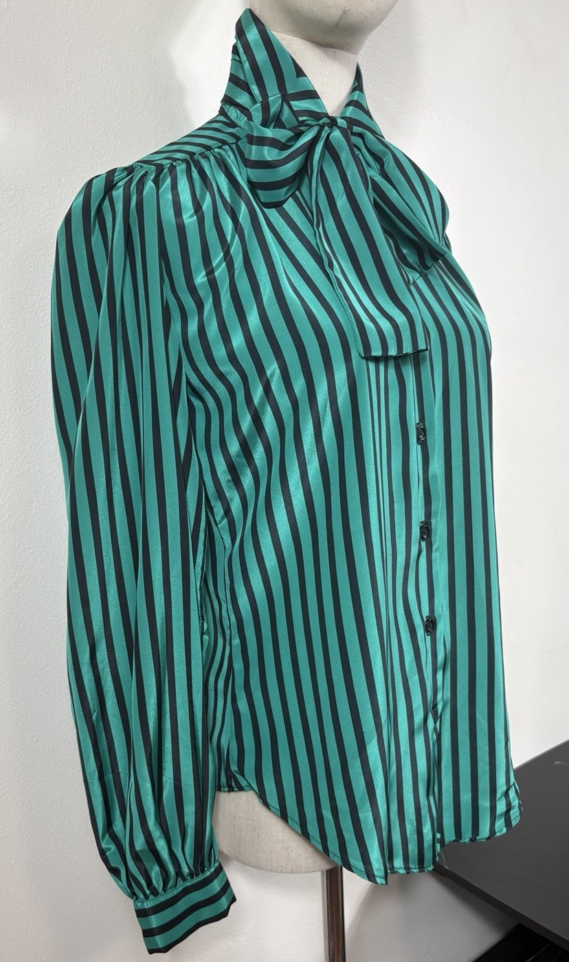 Vintage Pussy Bow Scarf Blouse Button Up Women’s 8 Striped Green Made In USA