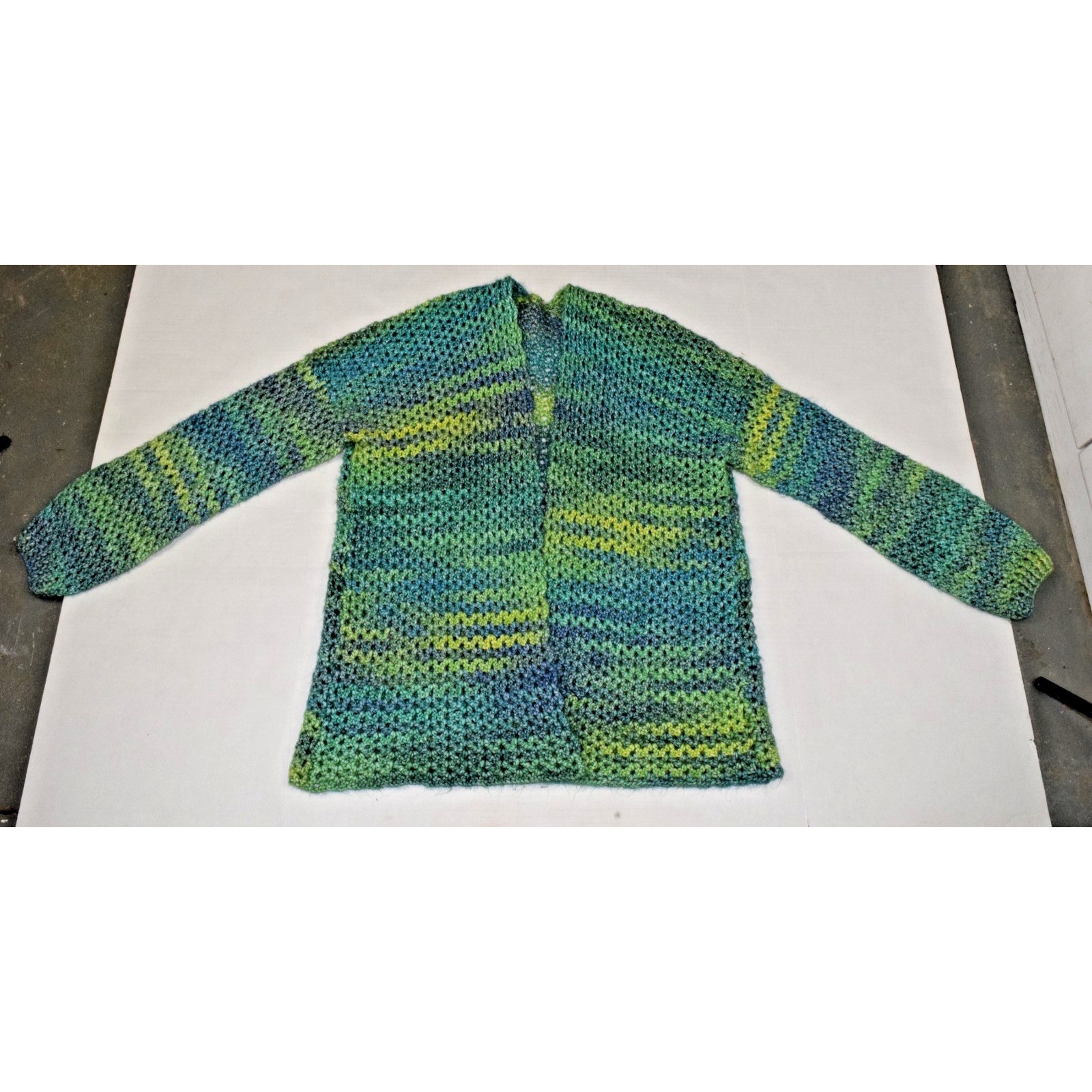 Vintage Crocheted Sweater Size L 70s Open Front Sea Green Blue Ultra Soft
