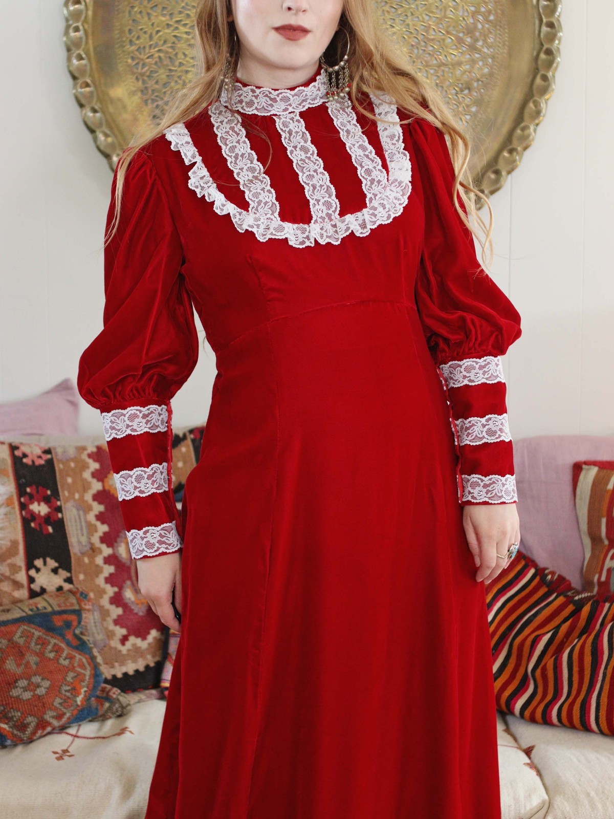 Vintage 1970s Crimson Red Cotton Velvet Maxi Dress with Mutton Long Sleeves