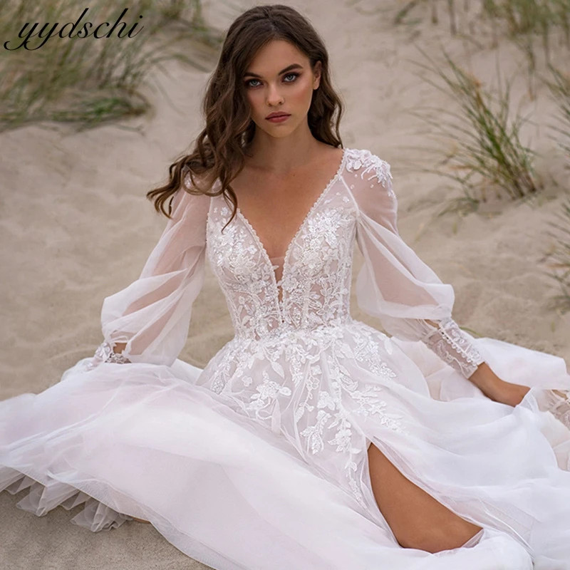 Sexy V-Neck Appliques Puff Sleeves Wedding Dresses Sweep Train Bride Gowns