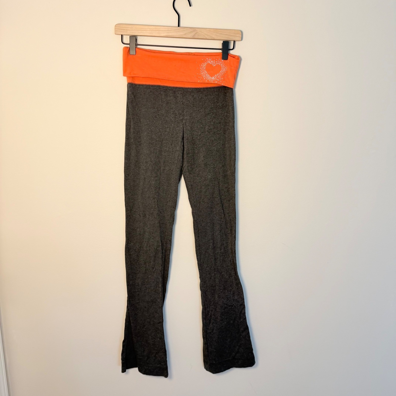 Vintage SO Orange Gray Foldover Leggings Wide Leg Y2K Heart Embellishment SZ XS