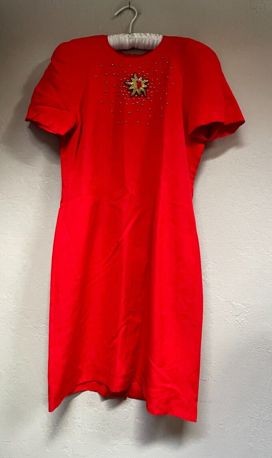 Vintage Mondi Womens Red Beaded Embellished Shift Dress Sz 36 Short Sleeve Lined