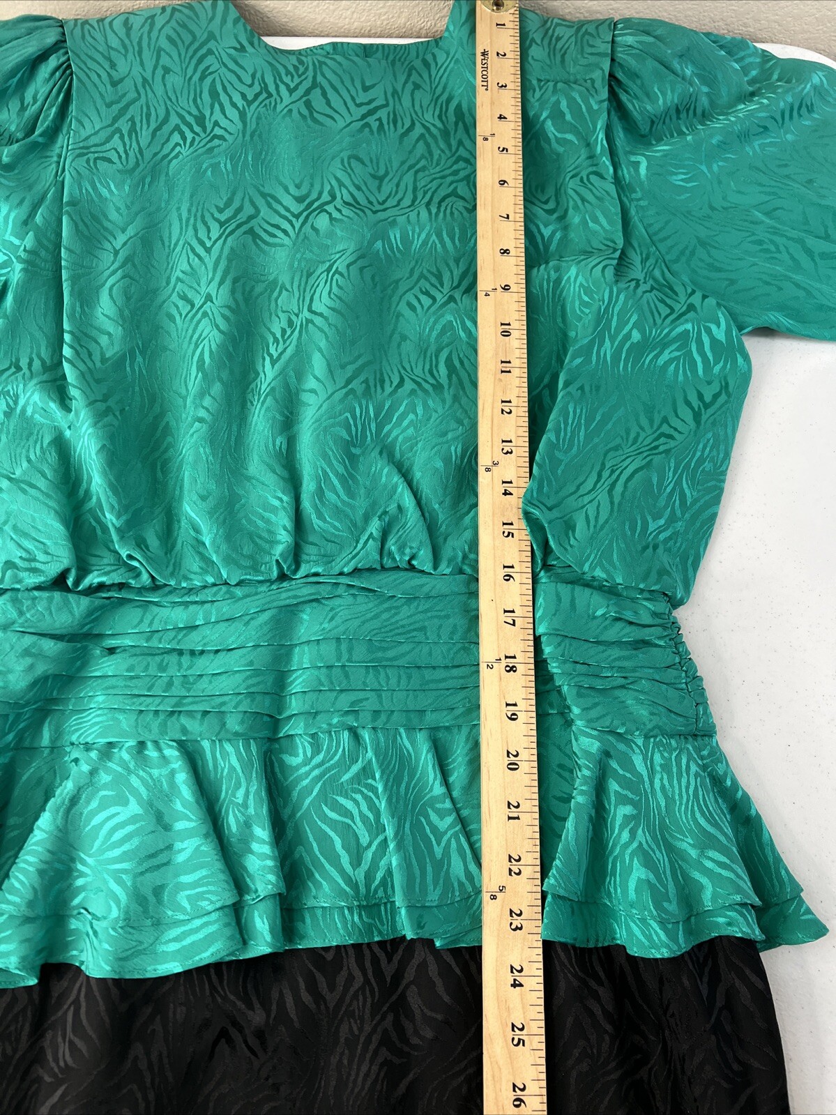Vintage 1980s Silk Studio 100% Silk Green Black Peplum Dress Size 12 Petite