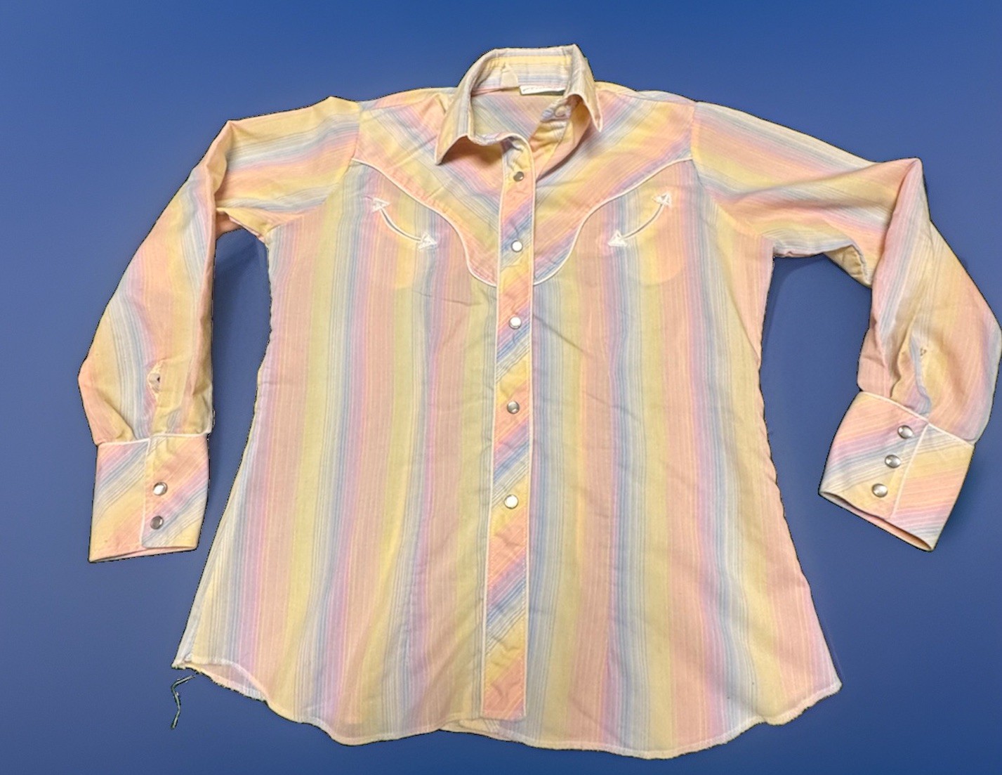 Avante West VTG Western Pastel Rainbow Striped Pearl Snap Rodeo Shirt Size M