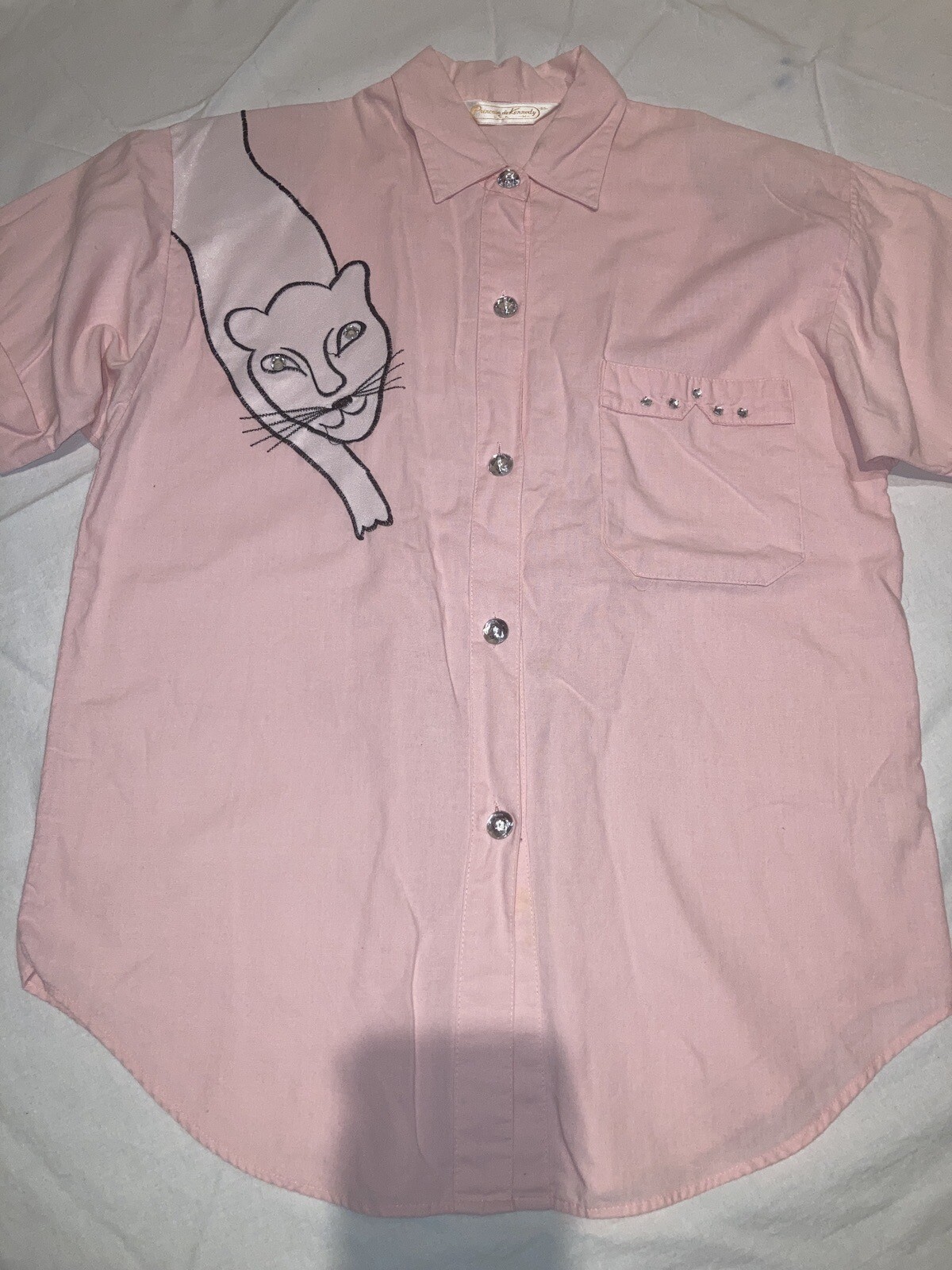 VTG 80s Princesa de Kennedy Pink Panther Button Up Blouse Size S M