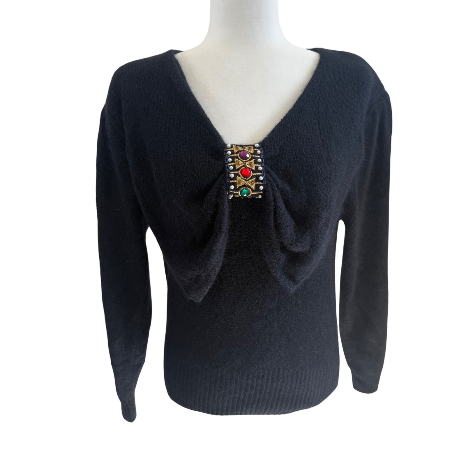 VTG 90s IB Diffusion Black Wool Silk Angora Beaded Bow Sweater Womens M Jewels