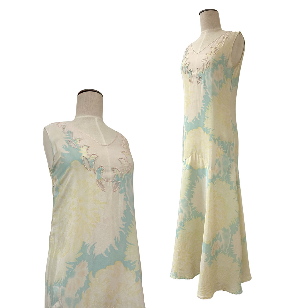 Vintage 1920s Silk Pastel Drop Waist Nude Illusion Floral Flapper Shift Dress