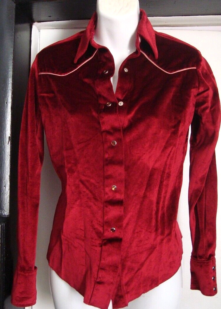 80s Panhandle Slim Burgundy Velour Western Rockabilly Goth Button up blouse