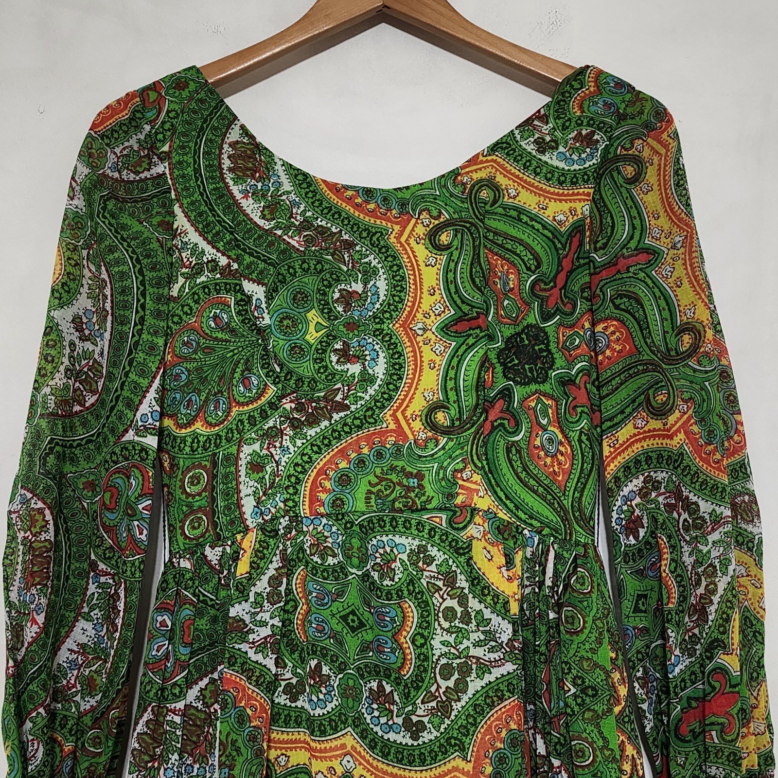 Vintage Maxi Dress 60s 70s Paisley Green Groovy Festival Psychedelic Small 9