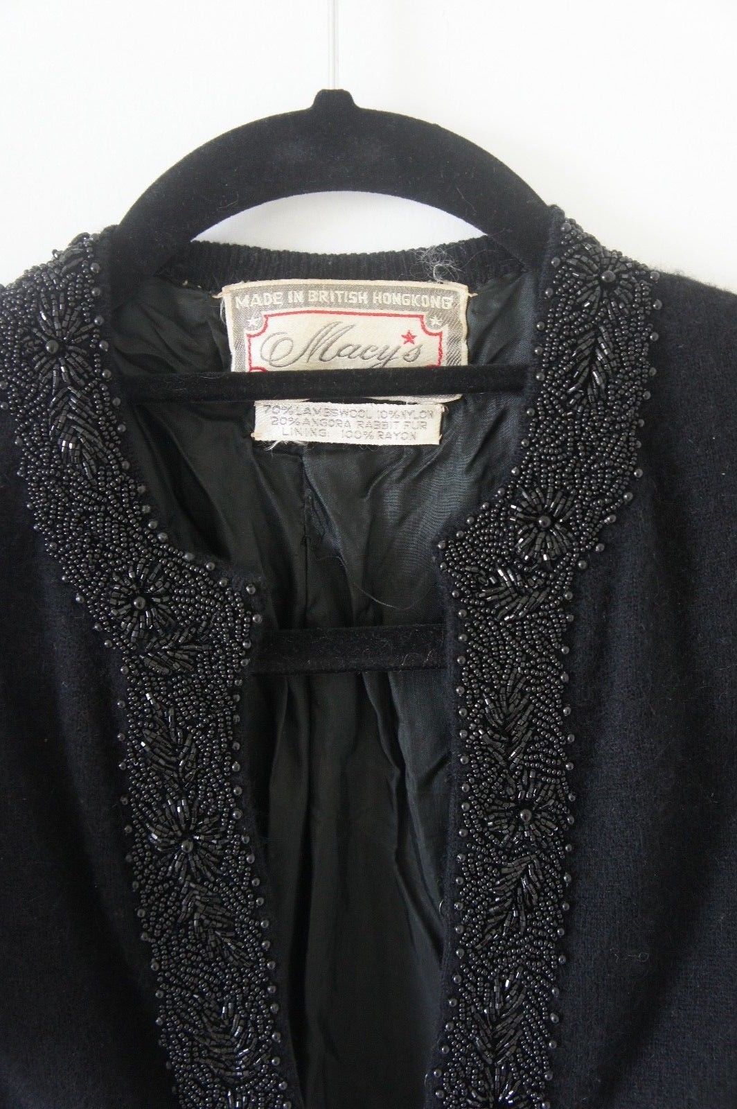 Vintage Rare Macys Label 50s Wool Angora Beaded Cardigan Sweater Black Size S