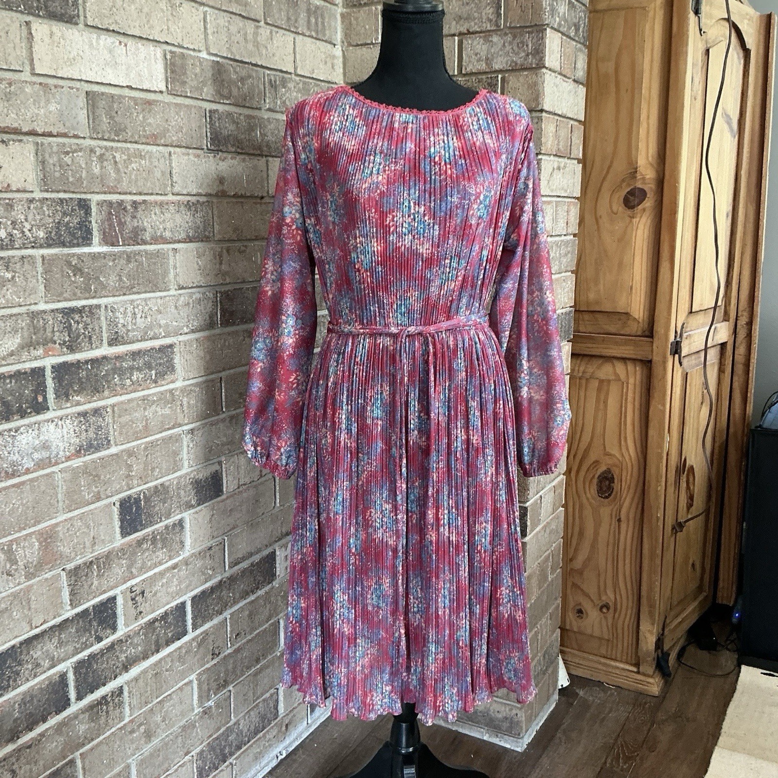 70s VTG Hal Ferman Floral Pleated Dress Belt ILGWU Union USA Made Size XS/S 28D7