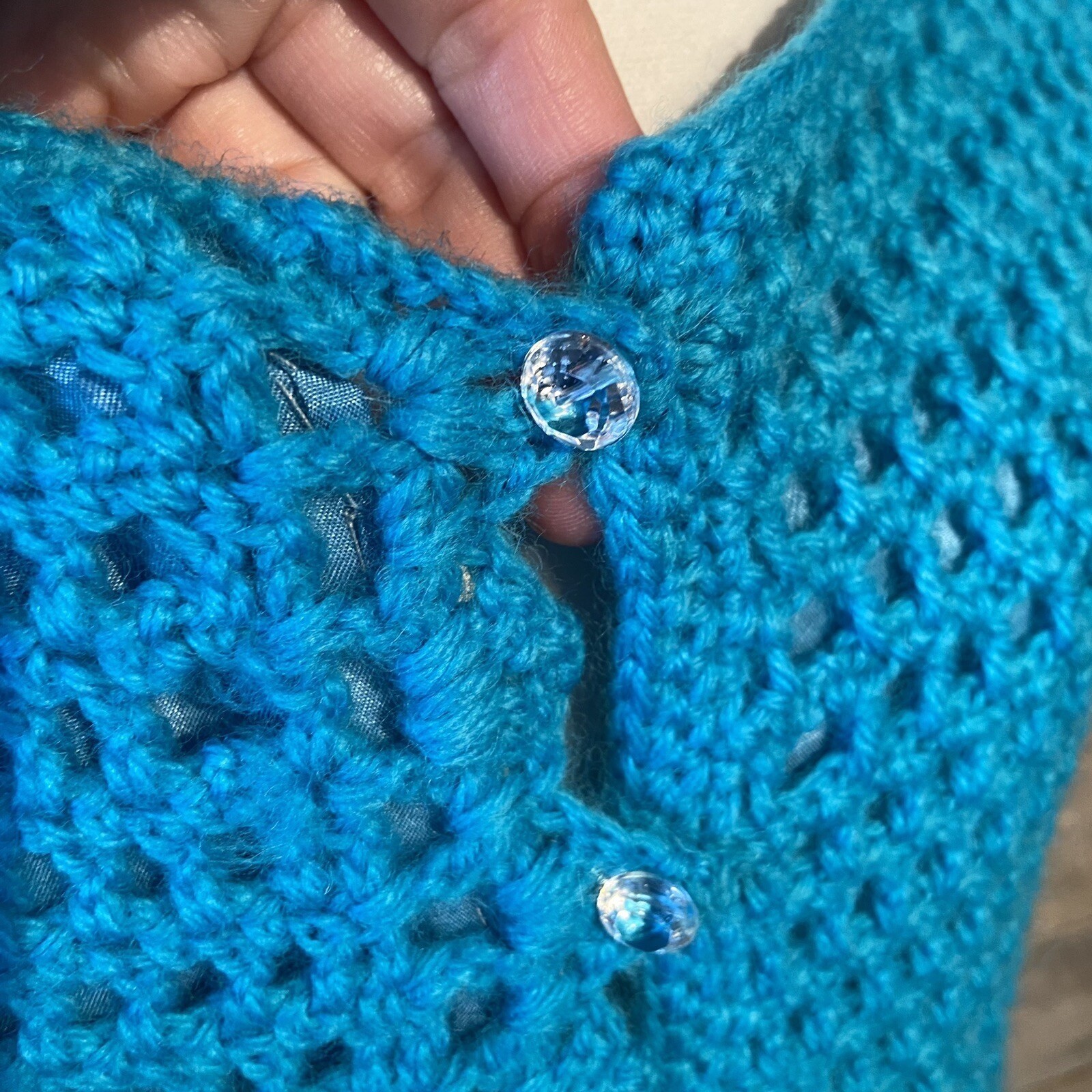 EUC Vintage Handcrafted Crocheted Lined Fit & Flare Blue Dress Size Small