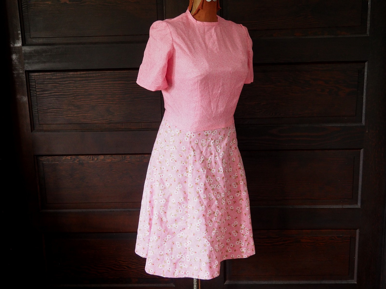 VTG 70s Pink Floral Summer Spring Garden Party Drop Waist A-Line Dress Zip Sz S