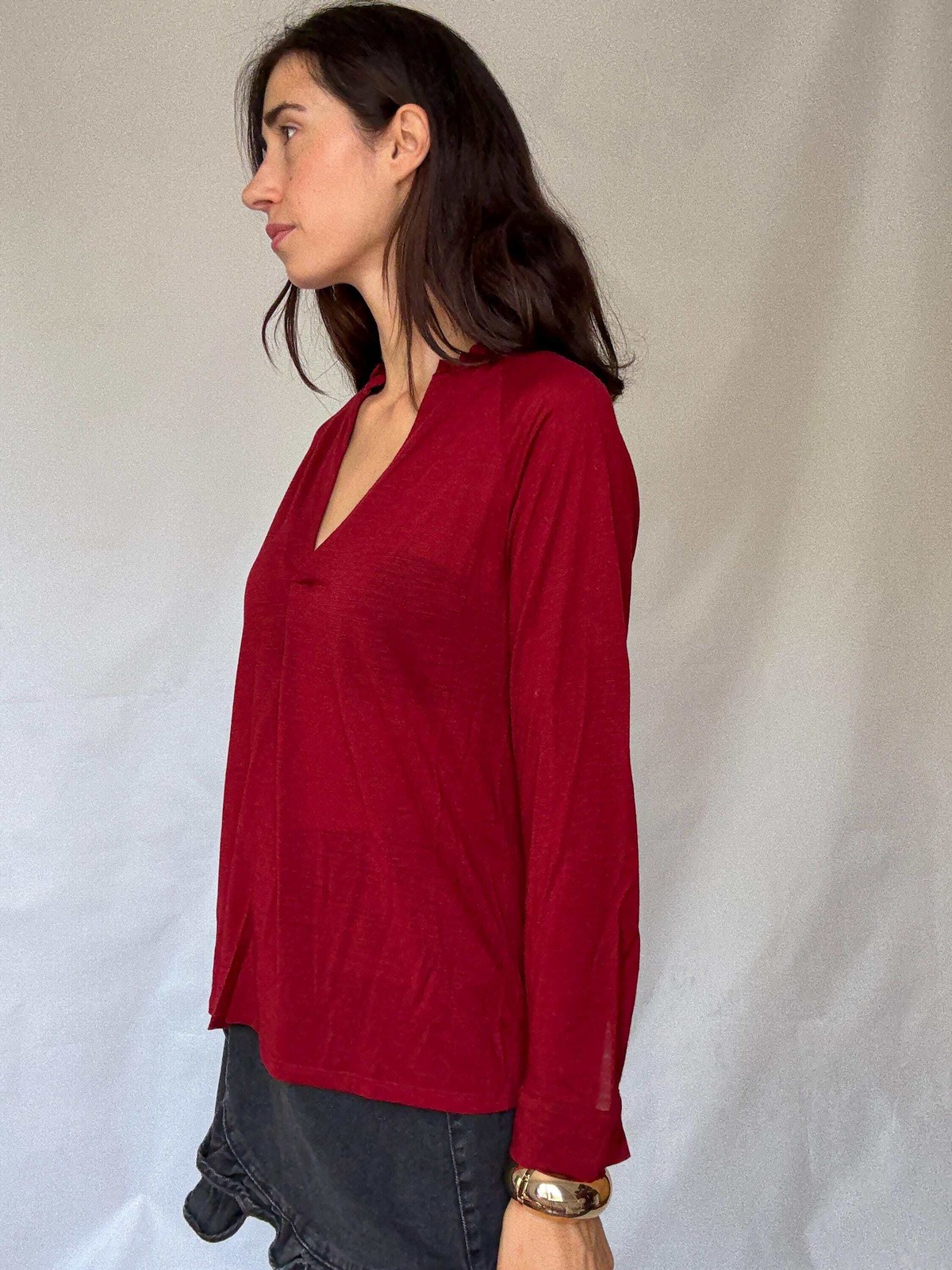 Super soft wool deep red long sleeve top, Red V-neck jumper jersey, Size S
