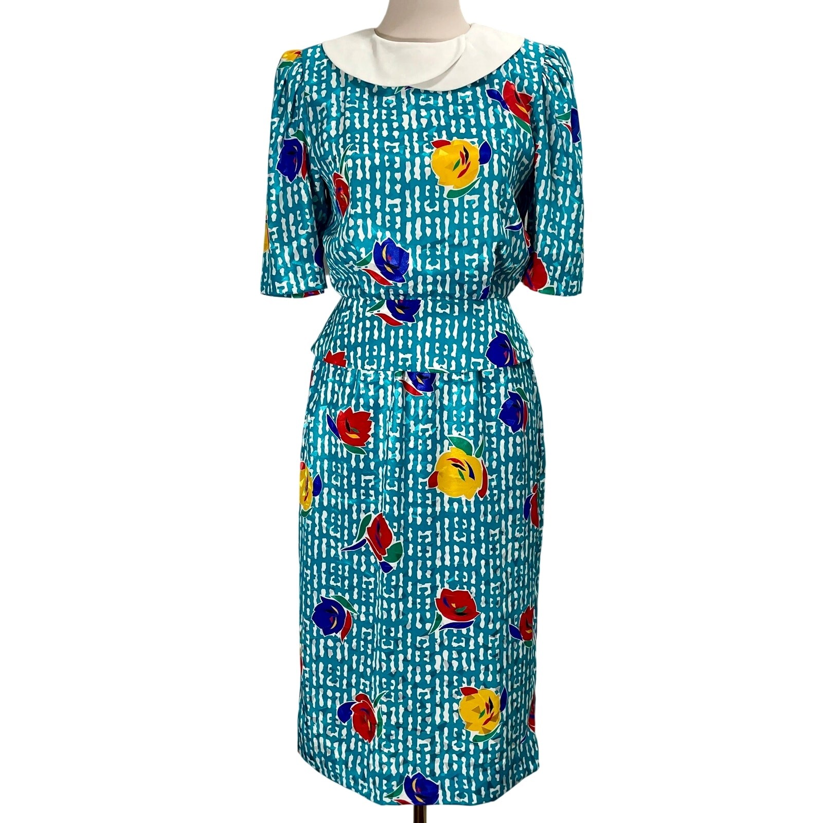 Vintage 80s David Warren Vibrant Blouson Dress Floral Short Sleeve Collared Sz 8