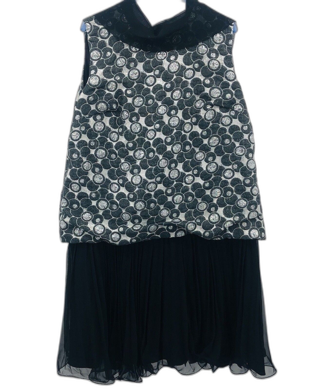 Vintage Mad Men 1960’s Black Silver Metallic Pleated Drop Waist cocktail dress