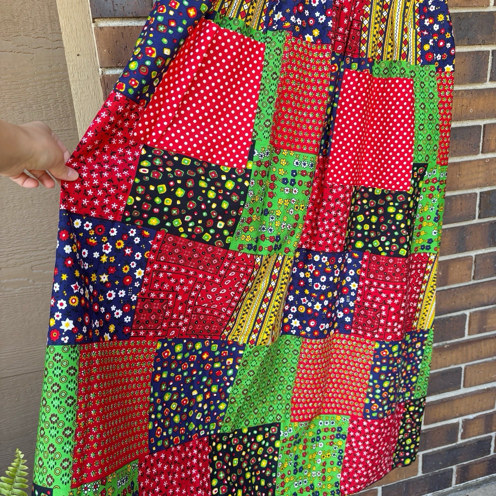 Vintage 1970s Patchwork Apron Smock Wrap maxi dress with pockets and ties S/M