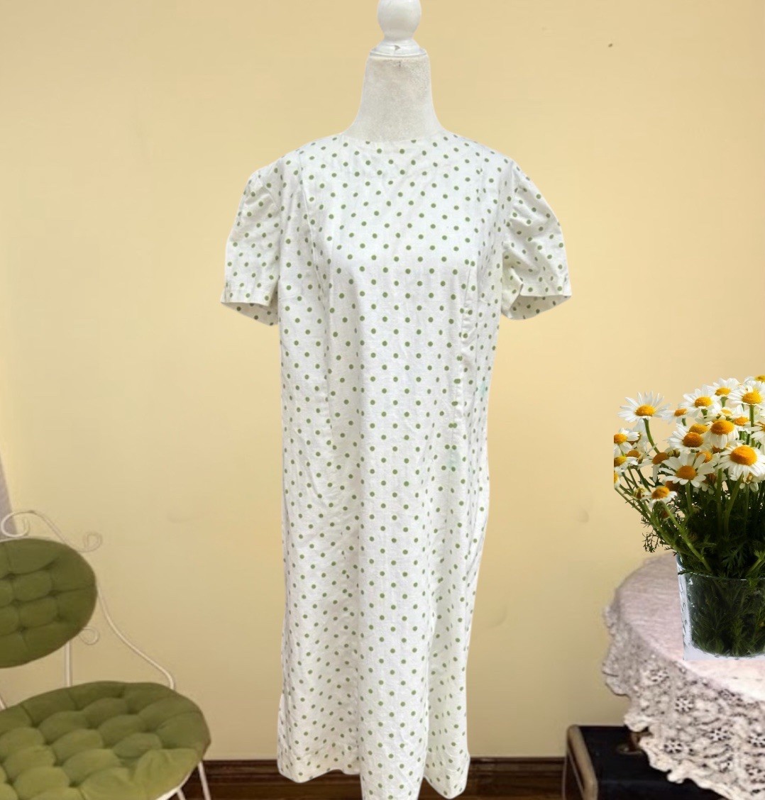 Vtg 1960s Mod Shift Dress Polka Dot Garden Party Frock 60s Gown Barkcloth M-L