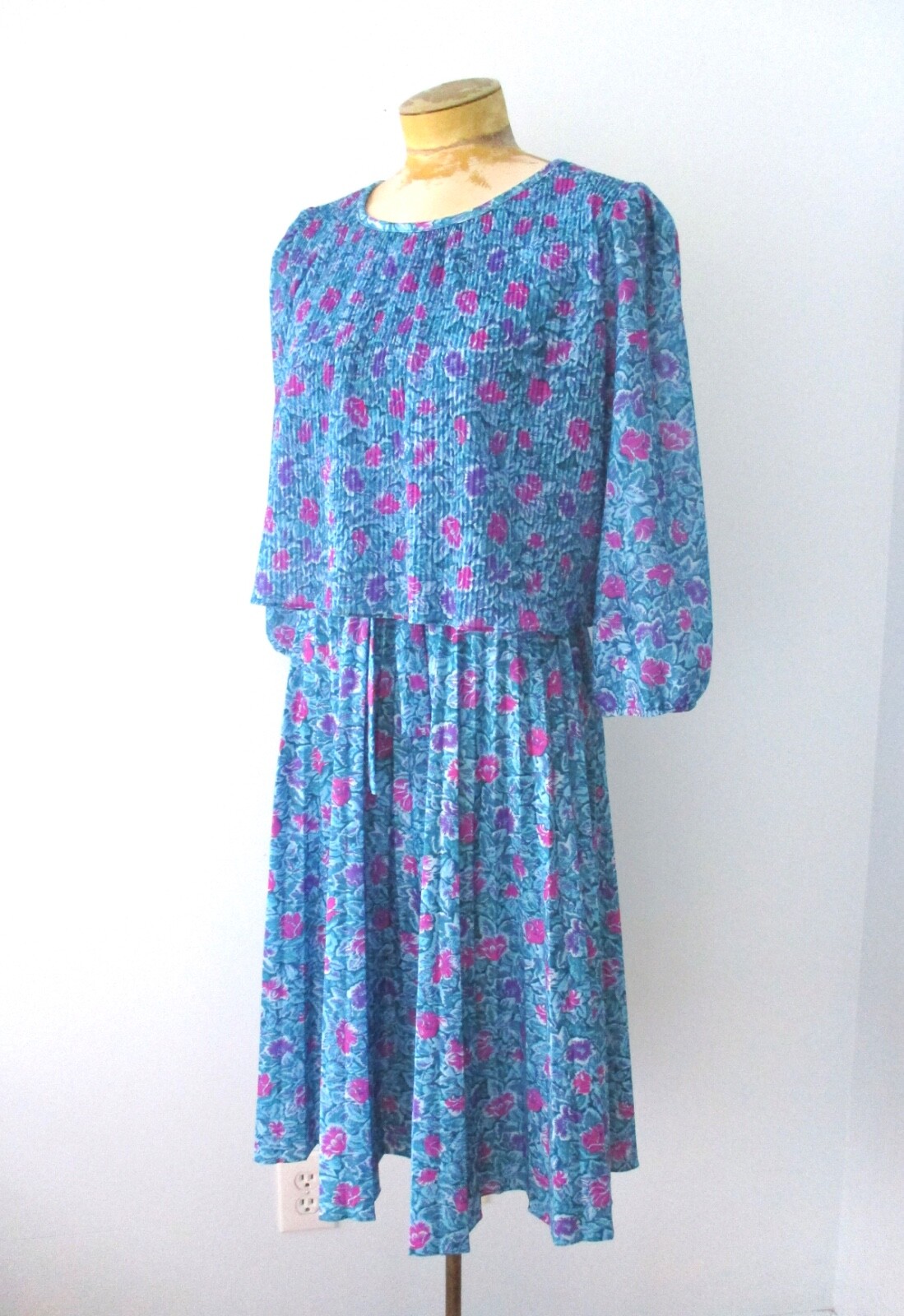 Vtg 70s Blue Pink Floral Fit Flare Secretary Dress Accordion Pleat Overlay 12