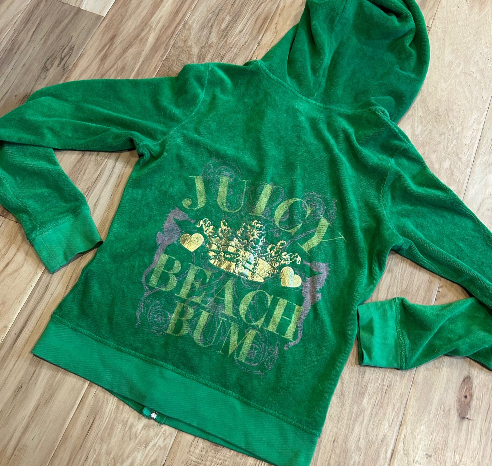RARE Vintage Y2K Juicy Couture Terry Cloth Hoodie Green Beach Bum Graphic Med.