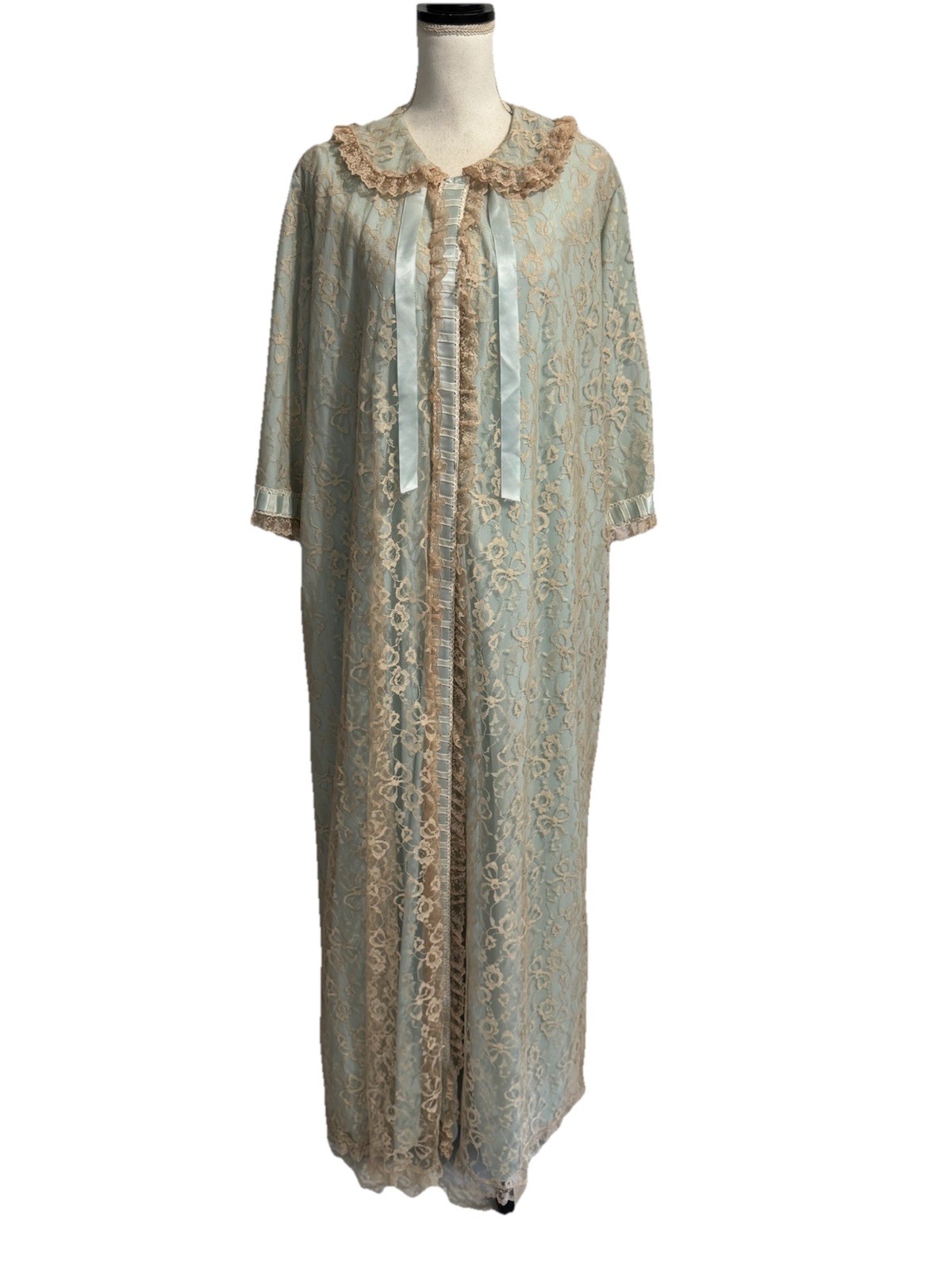 Vtg Odette Barsa L/XL Peignoir Set Robe Gown Blue Lace Overlay Sheer Ruffles