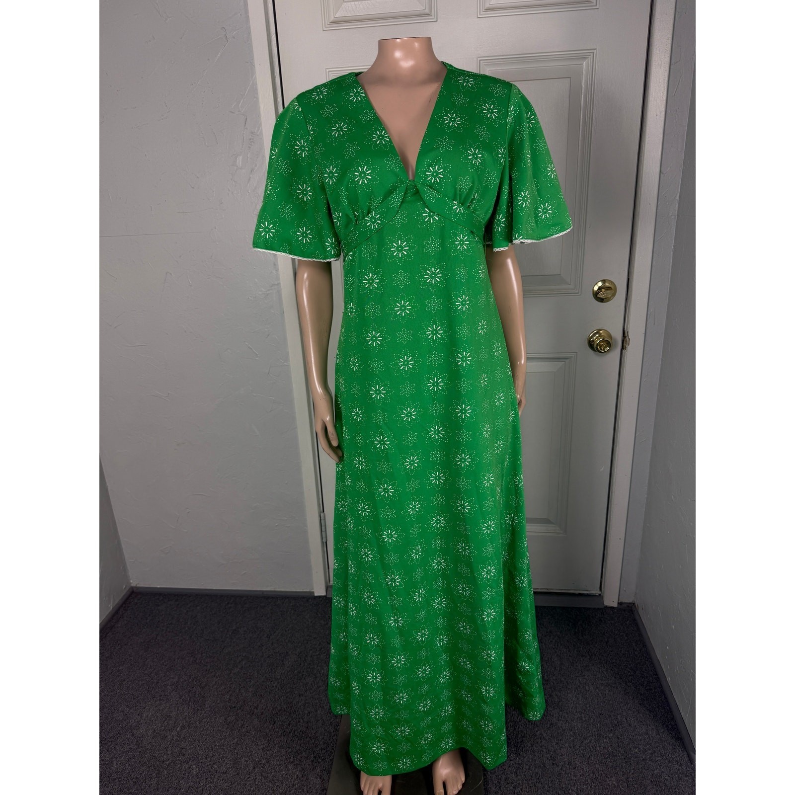 Vintage 70’s Hippie Dress Maxi Party Floral polyester Knit Long Boho Hippy QQ13