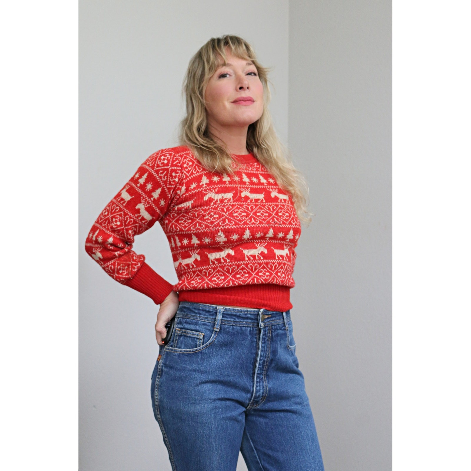1940’s Vintage Wool Holiday Reindeer Distressed Slim Fit Sweater ~ Women’s XS SM