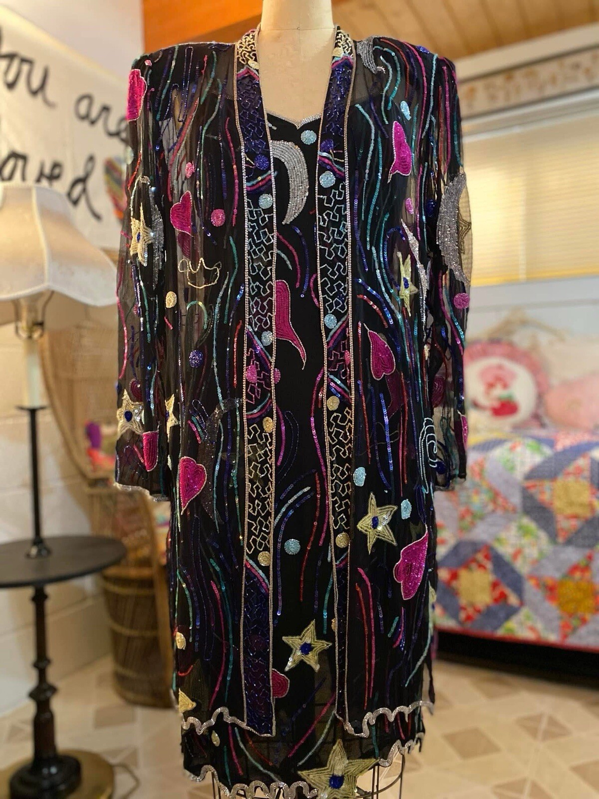 1980’s 2PC Judith Ann Dress and Overlay Beaded Stars Hearts Moons Valentine Day