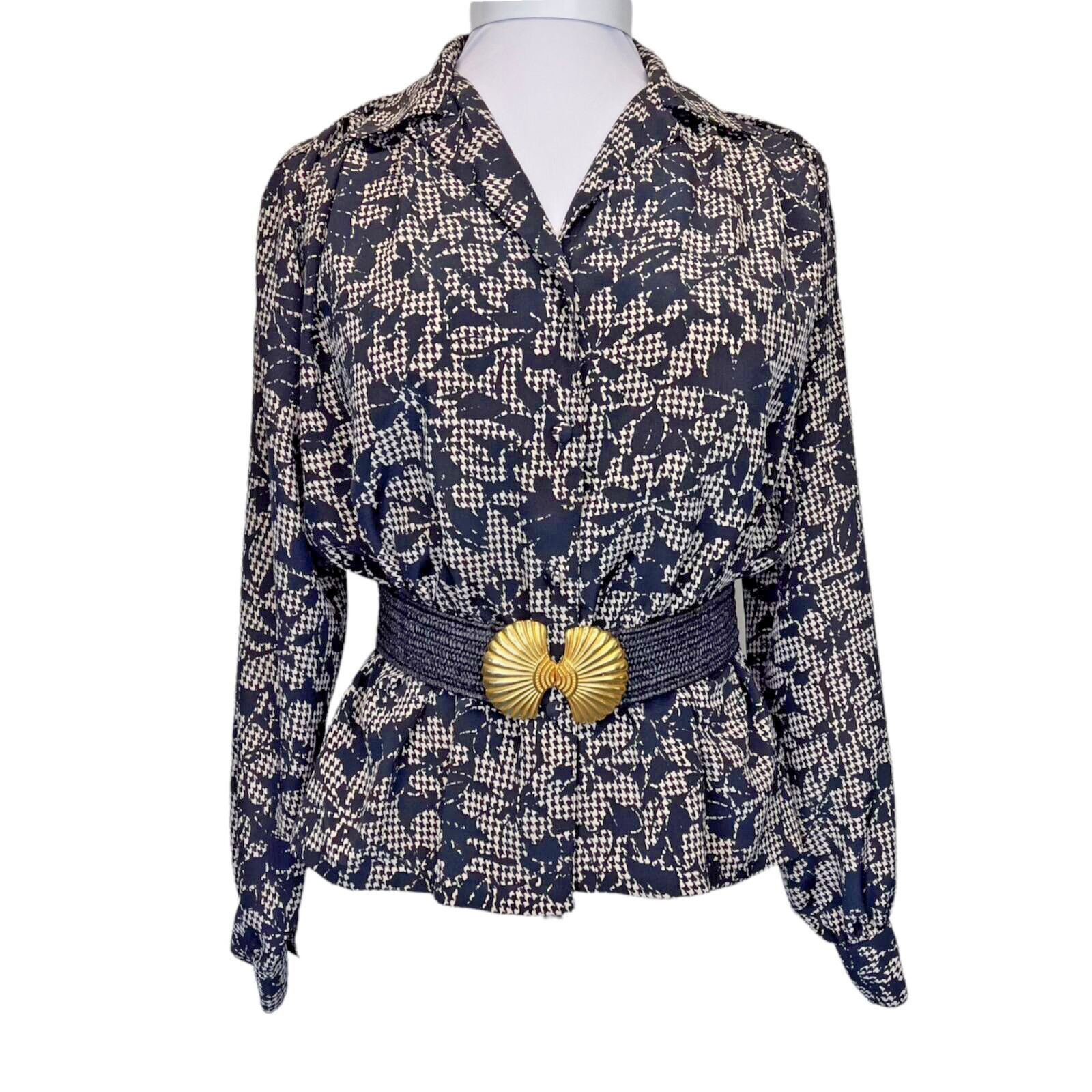 Oscar de la Renta Vintage Button Down Long Sleeve Blouse Size Large Black