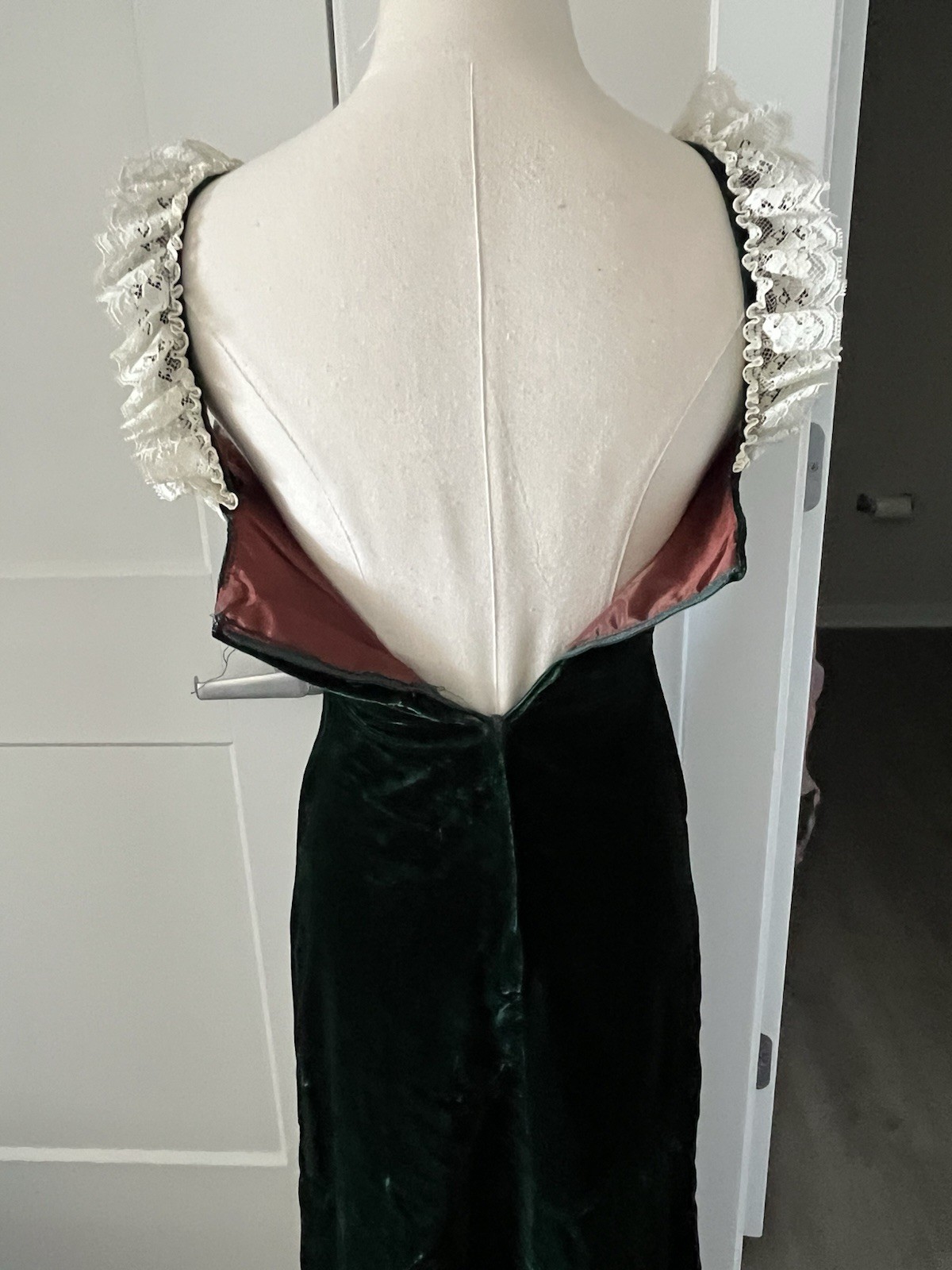 VTG 80s Jessica McClintock Emerald Green Velvet Lace Maxi Dress Sz XXS