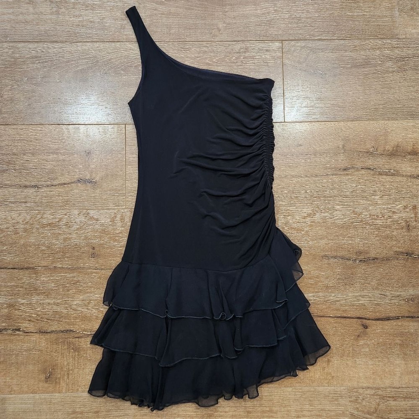 Vtg Y2K Bebe One Shoulder Ruched Tiered Fairy Black Mini Dress Med whimsygoth