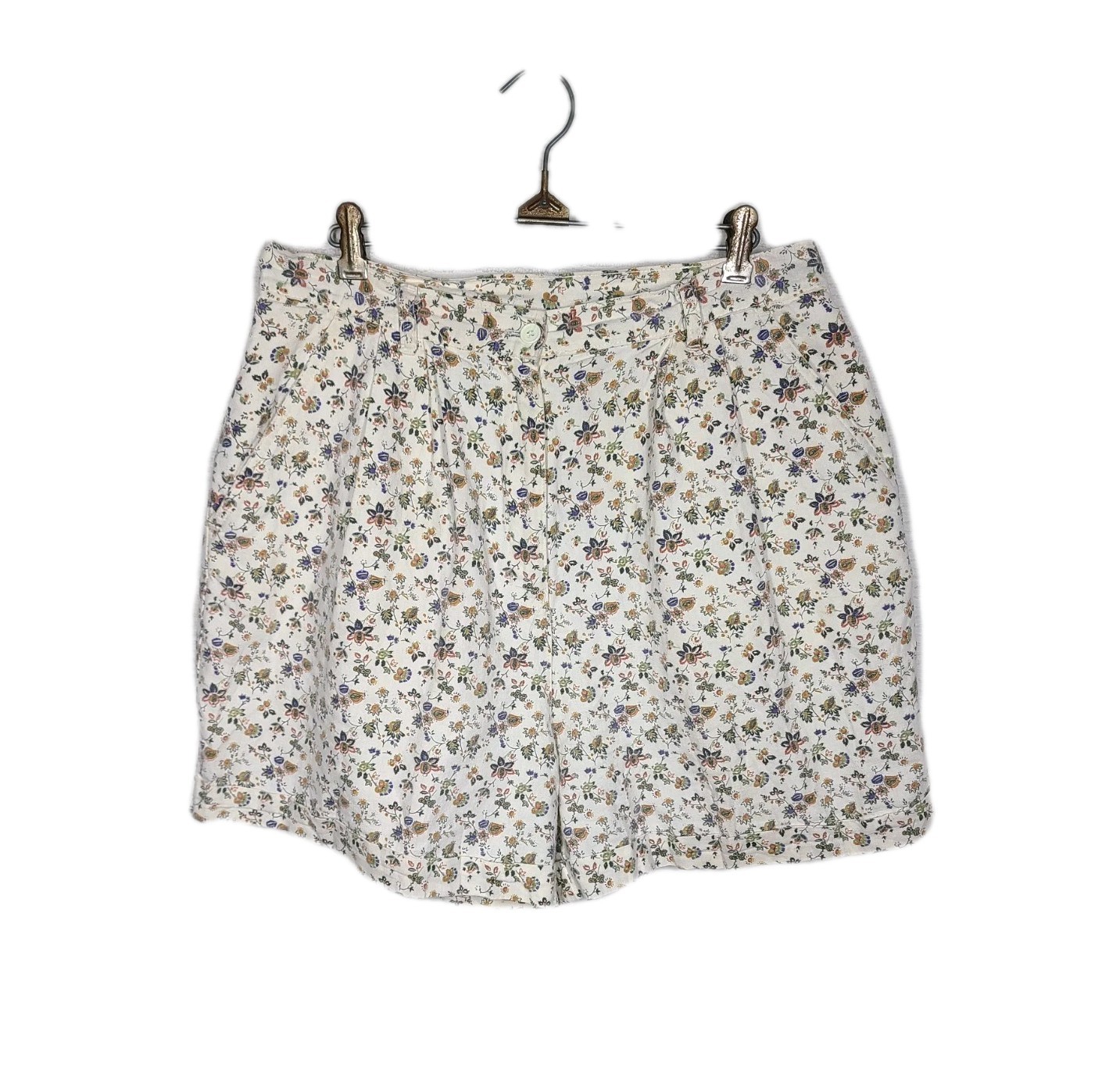 1990s Calico Pleated Mom Shorts Cotton XL Ramie High Waist Valerie Harbor Retro