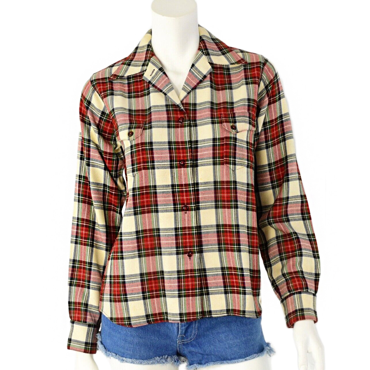 50s Vintage Levis 100% Wool Plaid Western Top Womens XS Button Front Red Ivory