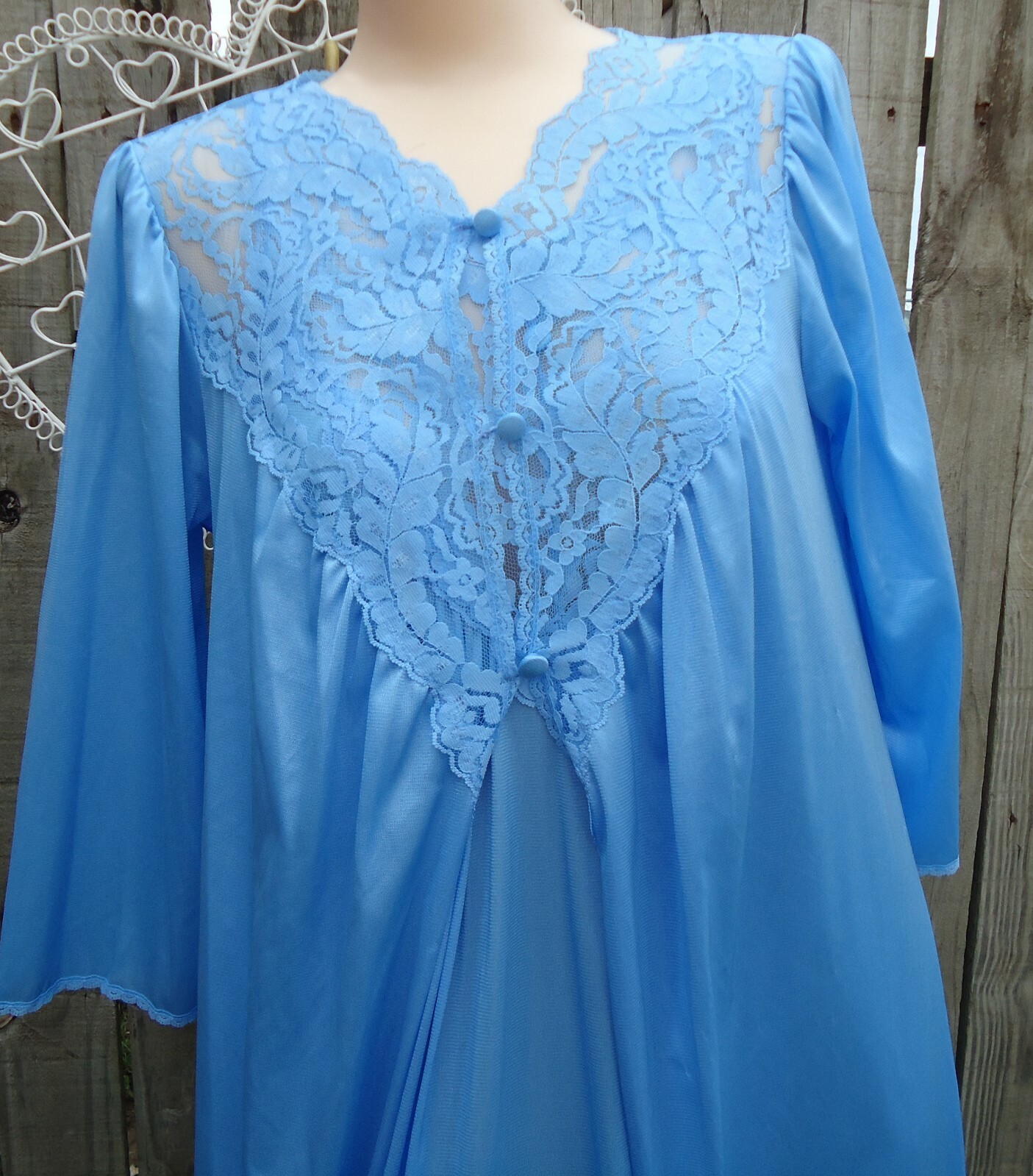 NOS Vtg Lapis Blue Silky Nylon Gown Lace Robe Bridal Negligee Set S USA Made