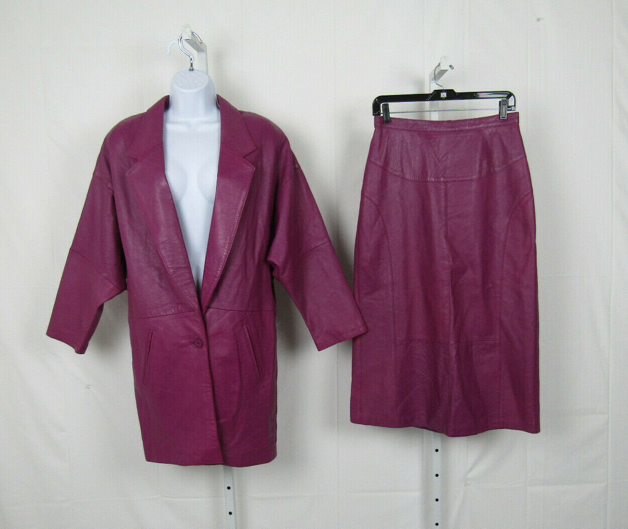 VTG 1980s 90s BAGATELLE PURPLE BERRY SIZE 12 LEATHER COAT & SKIRT FULLY LINED