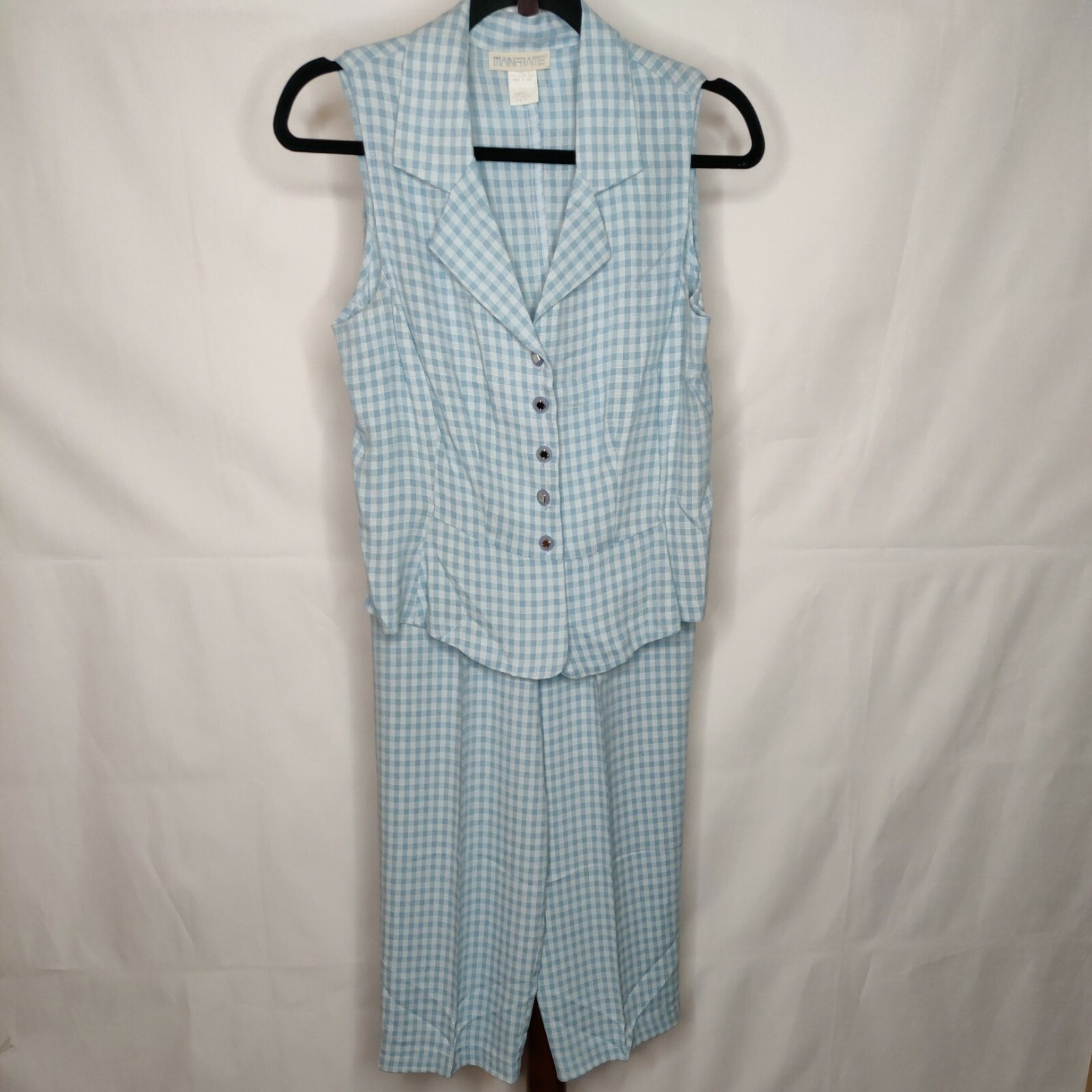 Main Frame vintage women’s S/M top and pants set blue white check (see below)