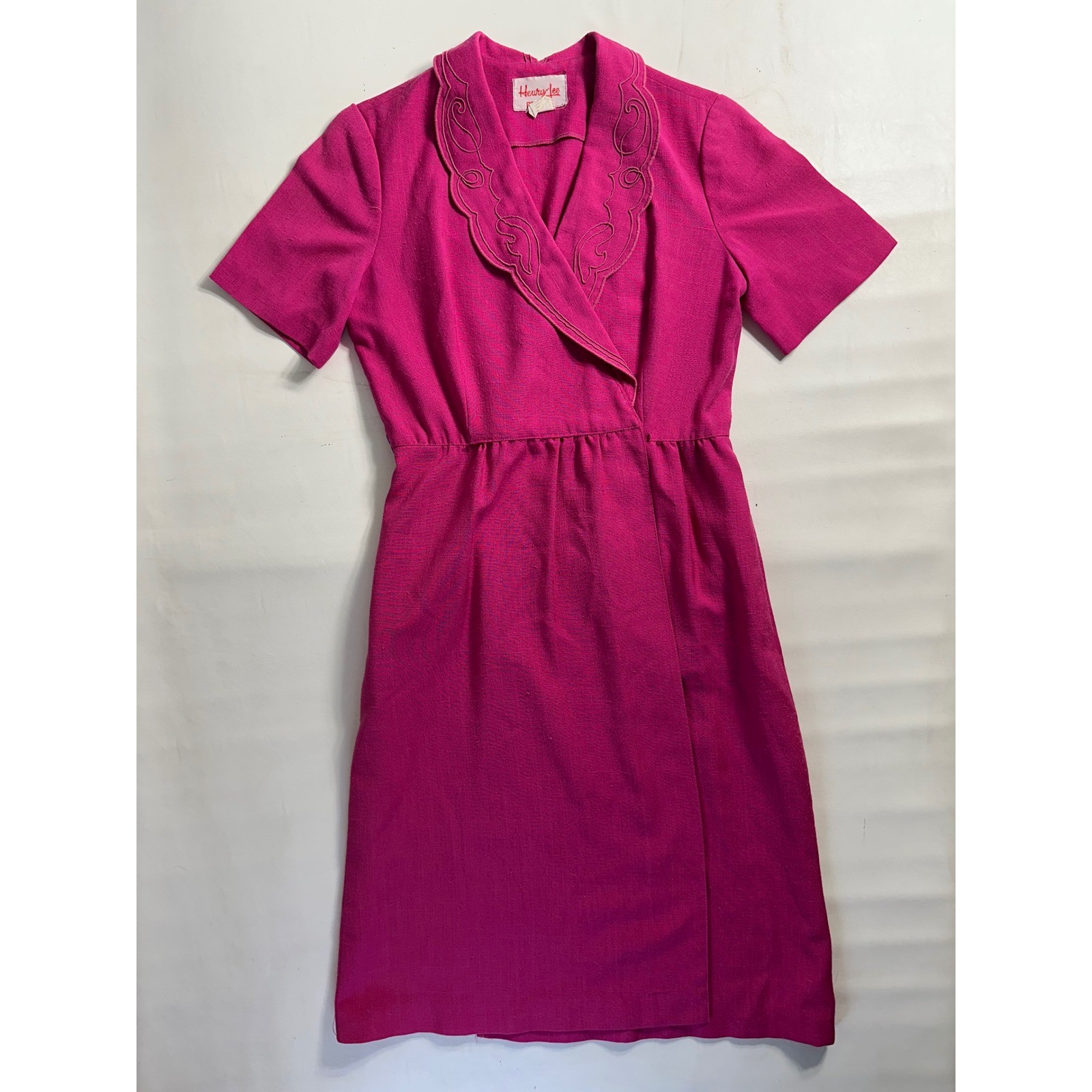 Henry Lee Vintage Sz 8 Fuchsia Pink Faux Wrap Dress Scalloped Embroidered Collar