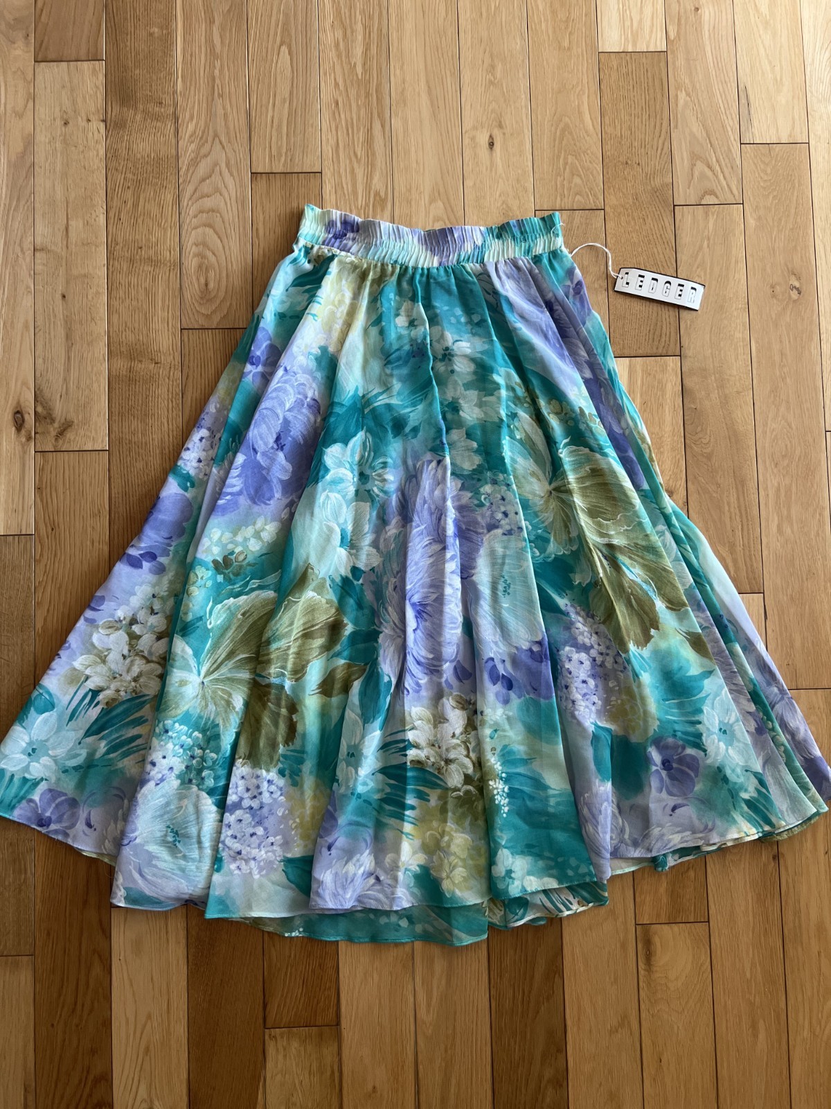 Vintage NWT Ledger Floral Pastel Midi Skirt Elastic Waist Semi Sheer Flowy M
