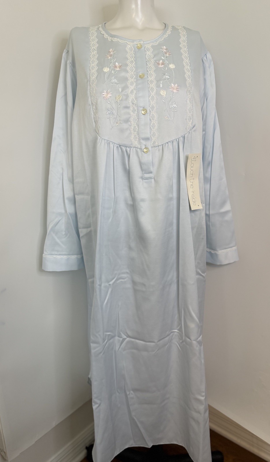 Vintage Miss Elaine XL Granny Long Nightgown Gown Lt Blue Embroidered Lace NWT