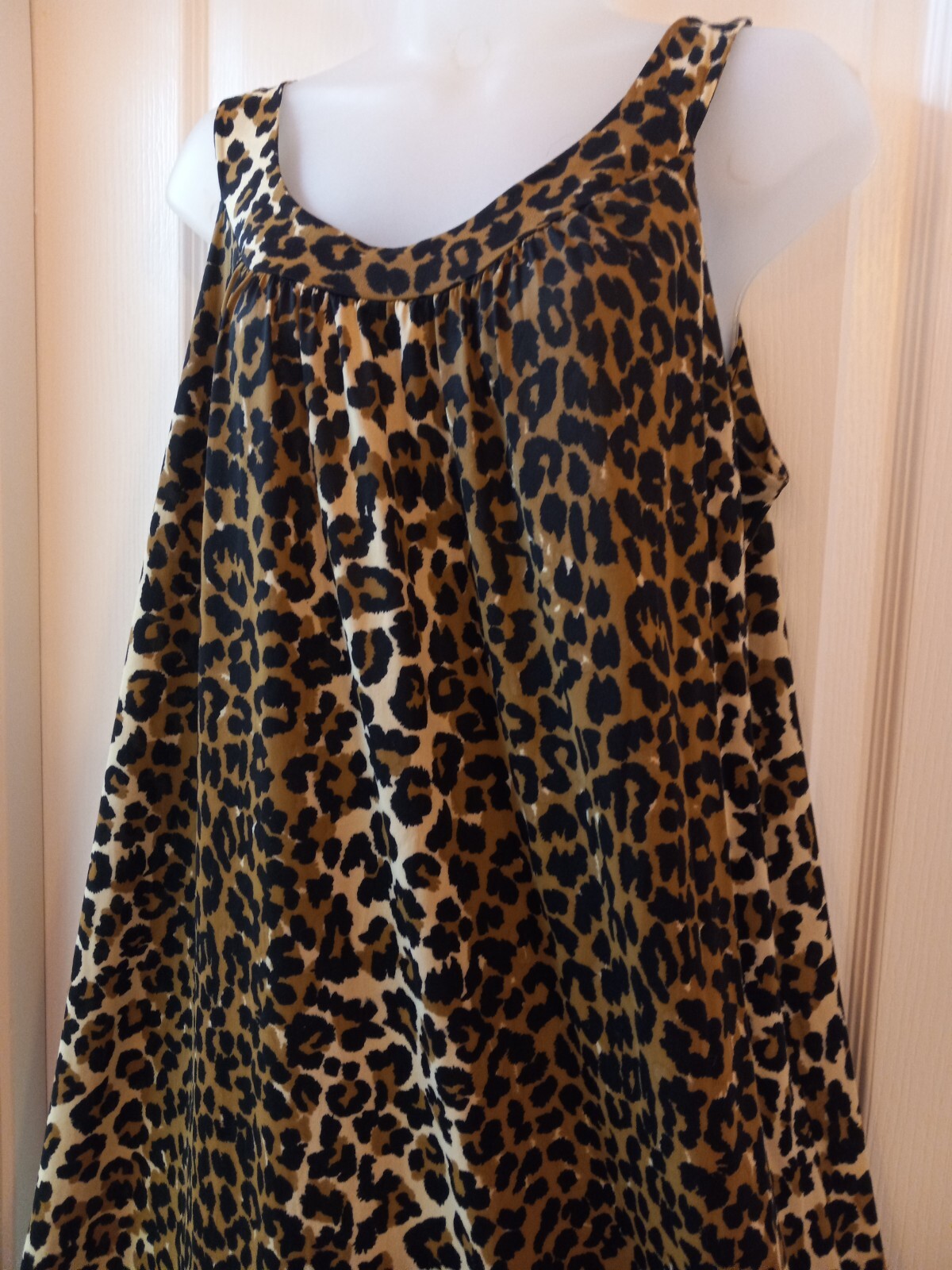 Vintage 60s Leopard Nylon High Collar Sleeveless Muumuu Nightgown Tiki Oasis L