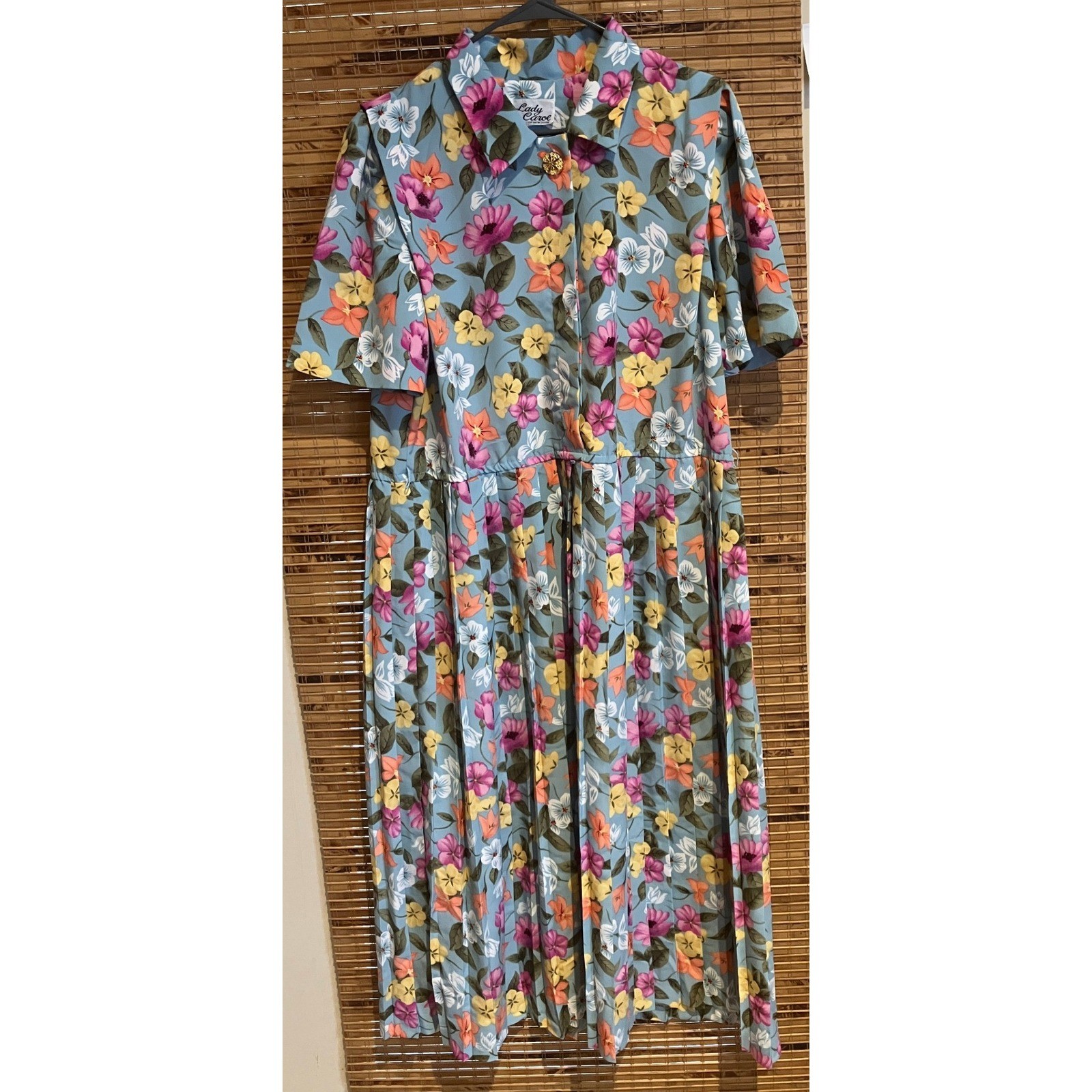Lady Carol of New York Vintage Floral Pleated Midi Dress Blue Short Sleeve 80s