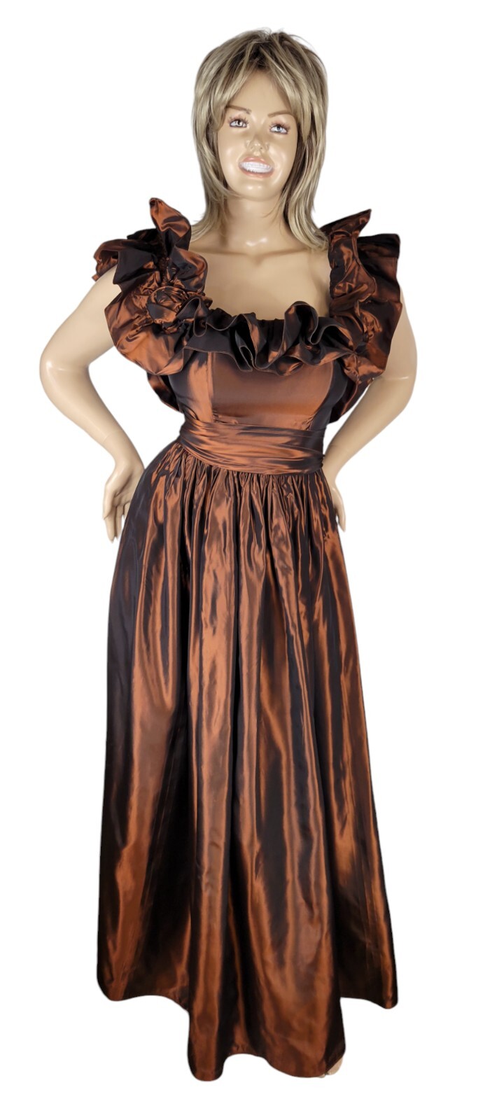 Vintage Alyce Designs Metallic Bronze Brown Taffeta Ruffle Party Cocktail Dress