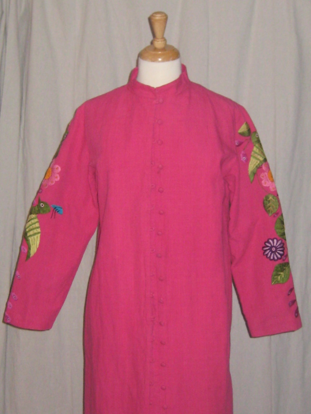 Vintage Duster Jacket Coat Mexican Embroidered Birds Paz El Paramor Fushia Pink