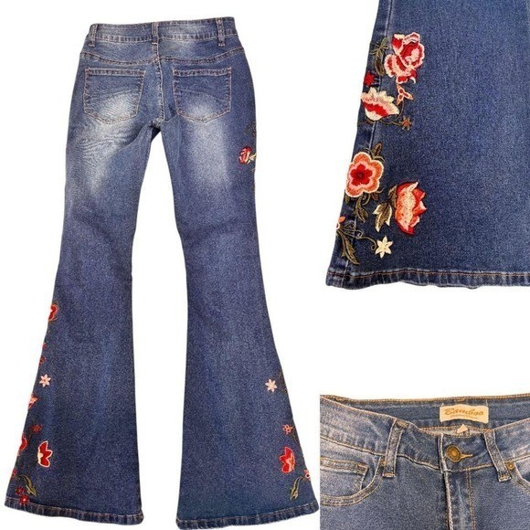 🌸 VINTAGE Y2K Bamboo Floral Embroidered Flares 🌸27-28″