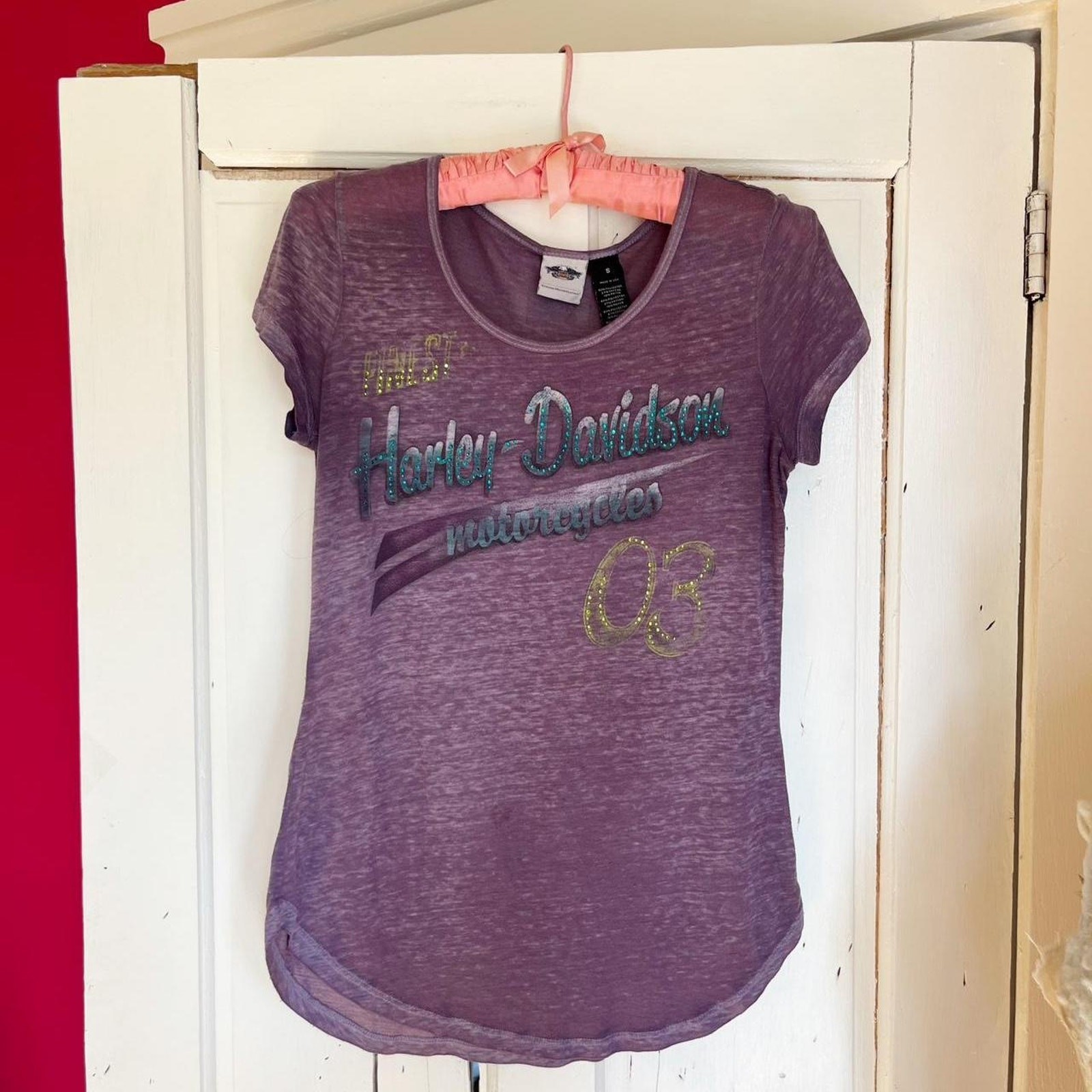 Vintage Y2K Purple Thin Distressed Look Harley Davidson Rhinestone Graphic Tee S