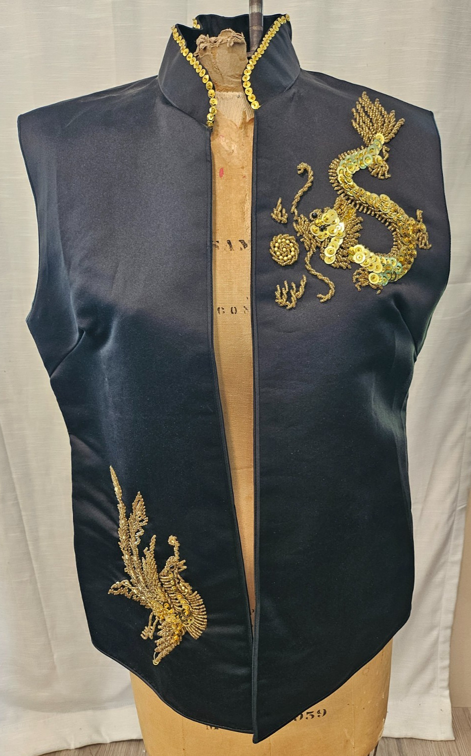 Vintage Black 100% Silk Dragon Gold Beaded Mandarin Collar Vest