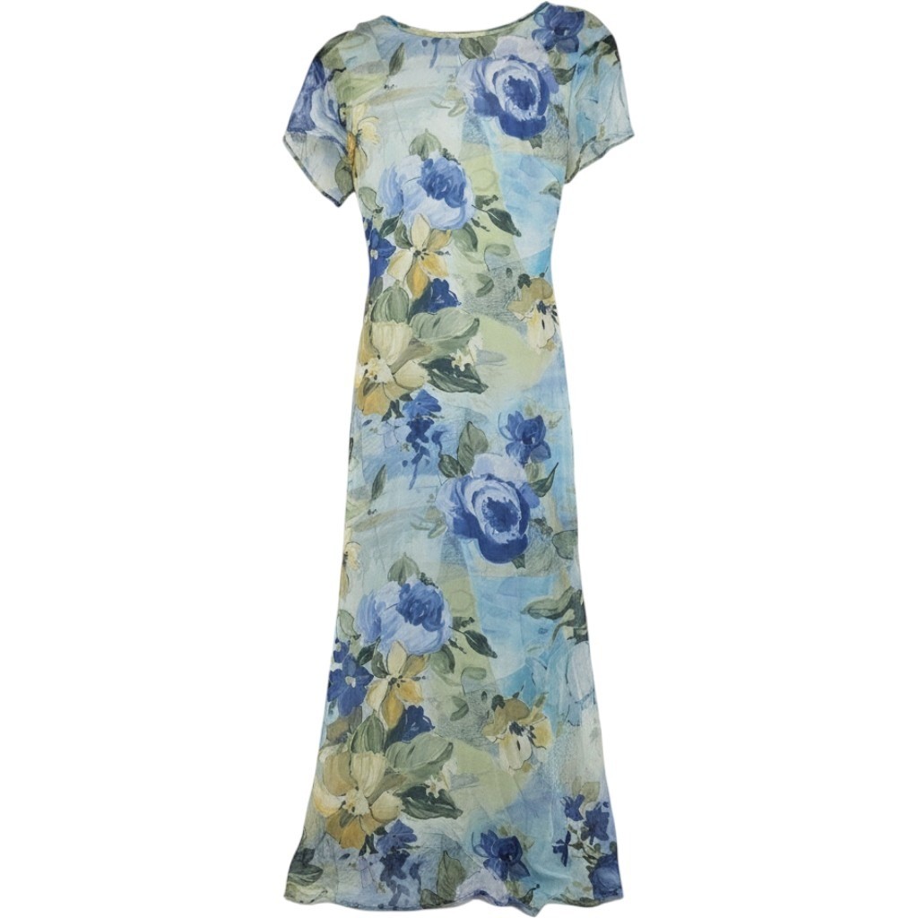 Vintage Floral Maxi Dress Short Sleeve Tie Back Flowy Fairy Summer Medium