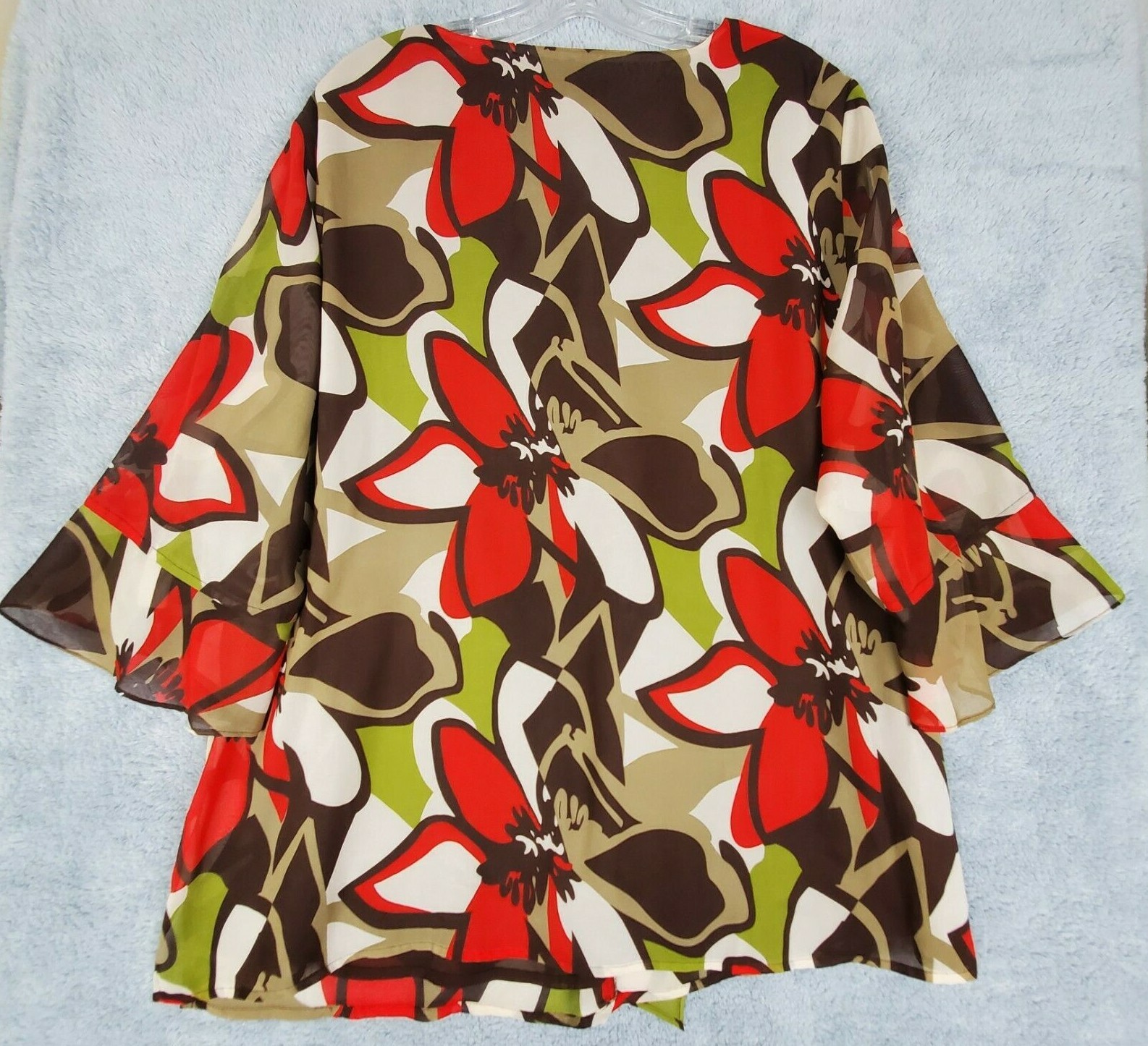 Vtg Russell Kemp Sz 1X Floral Ruffle Blouse Peplum Sheer Sleeve Mod Style Brown